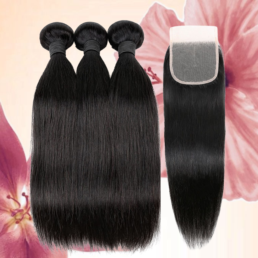 Straight Human Hair Bundles with Closures Brazilian Raw Hair Weave Bundles